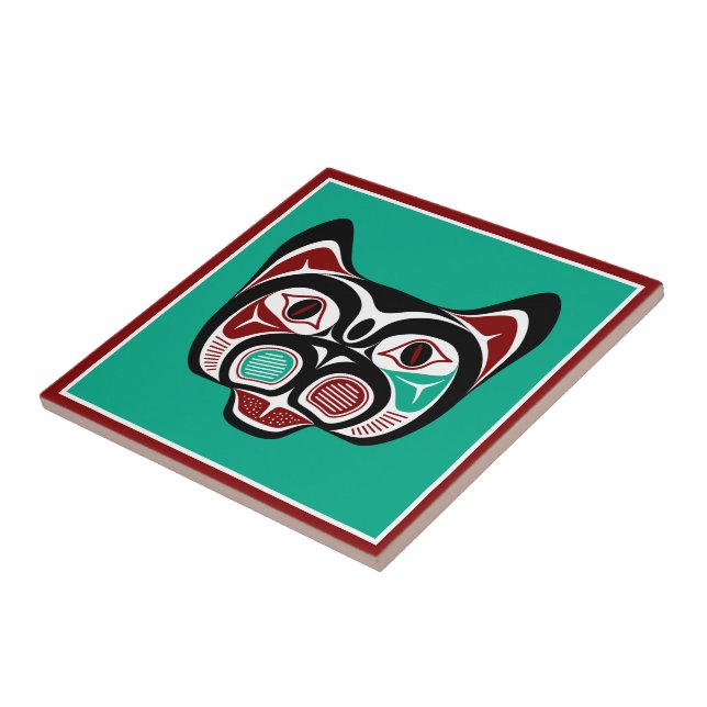 Native American Red Black Vector Haida Art Kitty Tile (Side)