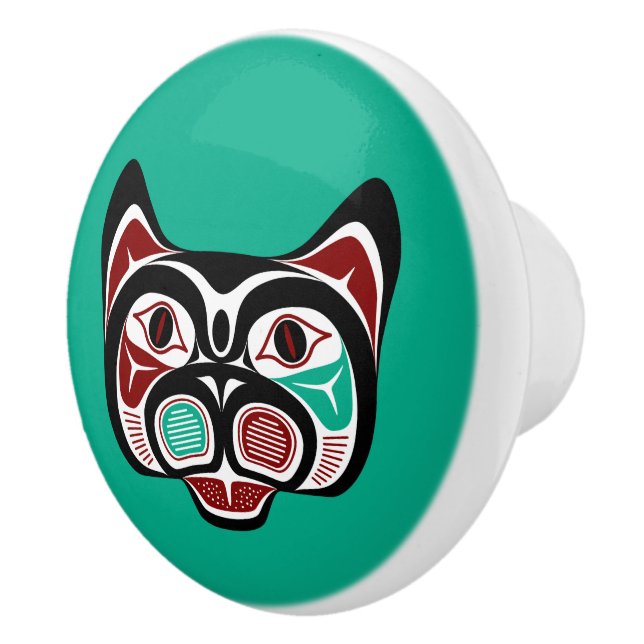Native American Red Black Vector Haida Kitty Ceramic Knob (Right)