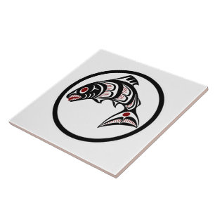 Native American Red Black White Haida Art Salmon Tile