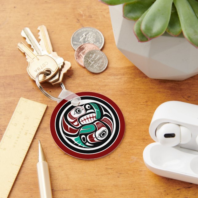Native American Red Black White Haida Otter Salmon Keychain (Desk)