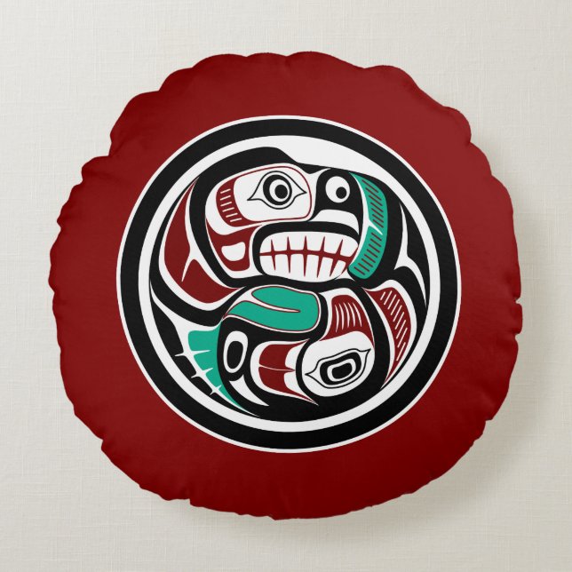 Native American Red Black White Haida Otter Salmon Round Pillow (Front)