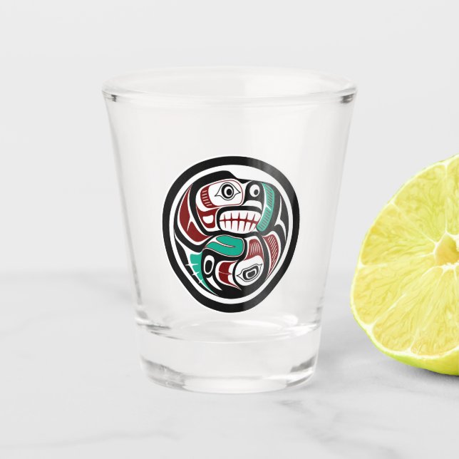 Native American Red Black White Haida Otter Salmon Shot Glass (Front)