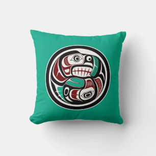 Native American Red Black White Haida Otter Salmon Throw Pillow