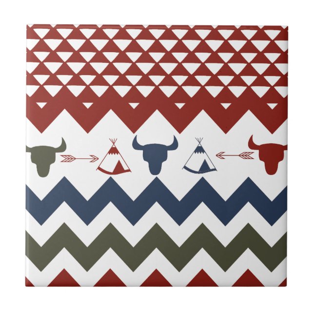 Native American Red Blue Chevron Tipi Skulls Arrow Tile (Front)