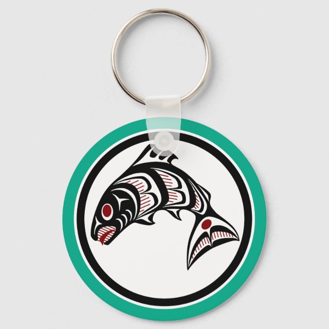 Native American Red White Black Haida Art Salmon Keychain (Front)