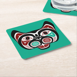 Native American Red White Black Haida Kitty Square Paper Coaster