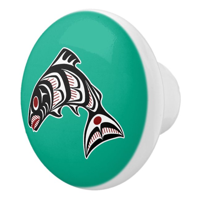 Native American Red White Black Haida Salmon Ceramic Knob (Right)