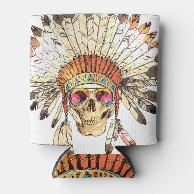 Native American Skull Fashion Illustration Can Cooler (Front)