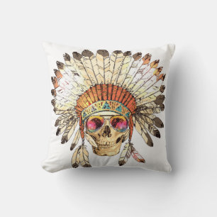 Native American Skull Fashion Illustration Throw Pillow