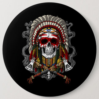 Native American Skull Indian Chief Headdress 6 Inch Round Button