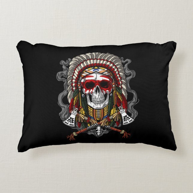 Native American Skull Indian Chief Headdress Accent Pillow (Front)