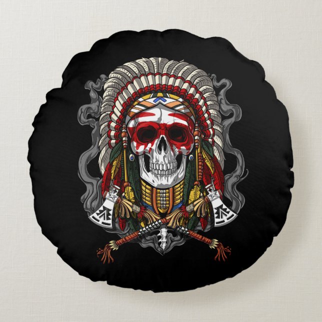 Native American Skull Indian Chief Headdress Round Pillow (Front)
