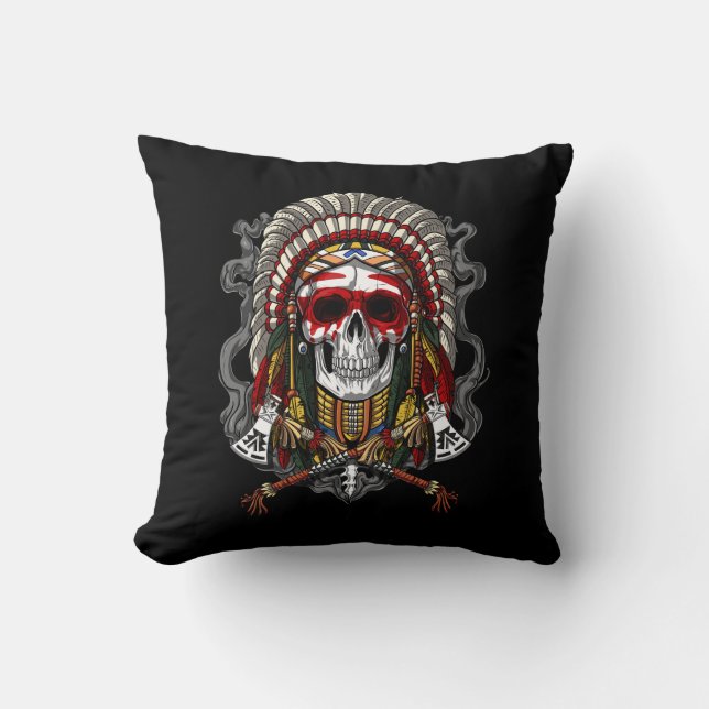 Native American Skull Indian Chief Headdress Throw Pillow (Front)