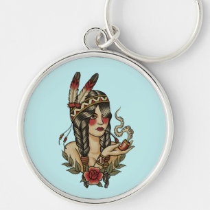 native American squaw smoking a pipe Keychain