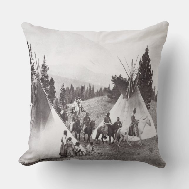 Native American Teepee Camp, Montana, c.1900 (b/w Throw Pillow (Front)