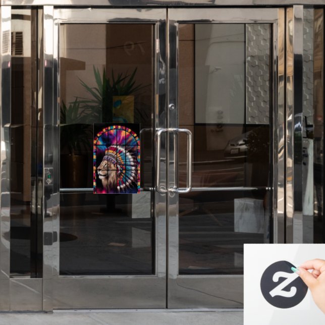 Native American Tiger Themed Stained Glass Window  Cling (Office Door)