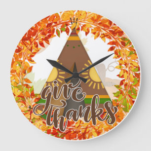 Native American Tipi - Give Thanks Large Clock