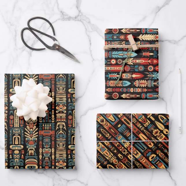Native American Totem Poles and Feathers Design Wrapping Paper Sheet (Front)