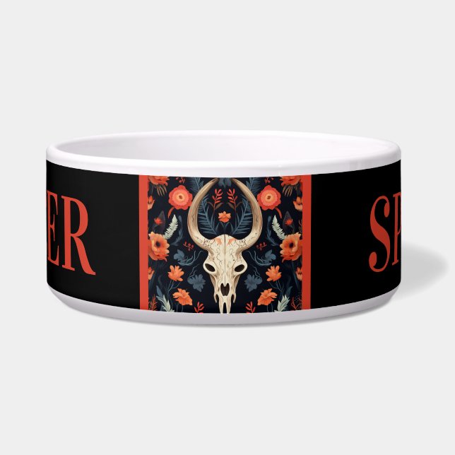 Native American Tribal Skull Ceramic Pet Bowl (Front)