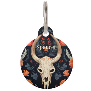 Native American Tribal Steer Skull and Flowers Pet Tag