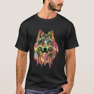Native American Tribal Wolf w Feathers Stars Long  T-Shirt