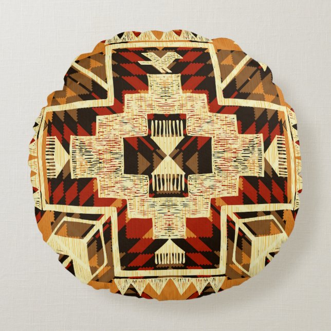Native American, Vintage Hand-Drawn Abstract. Round Pillow (Front)