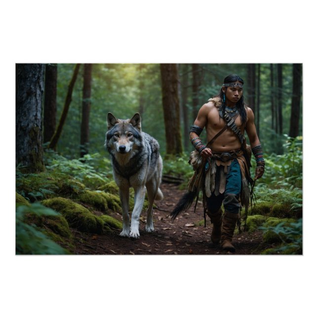 Native American Warrior & Wolf Wildlife Design Poster (Front)