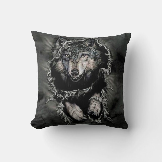 Native American Wolf Black Stone Art Throw Pillow (Front)