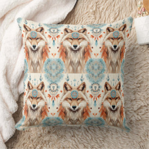 Native American Wolf Dream Catcher Throw Pillow