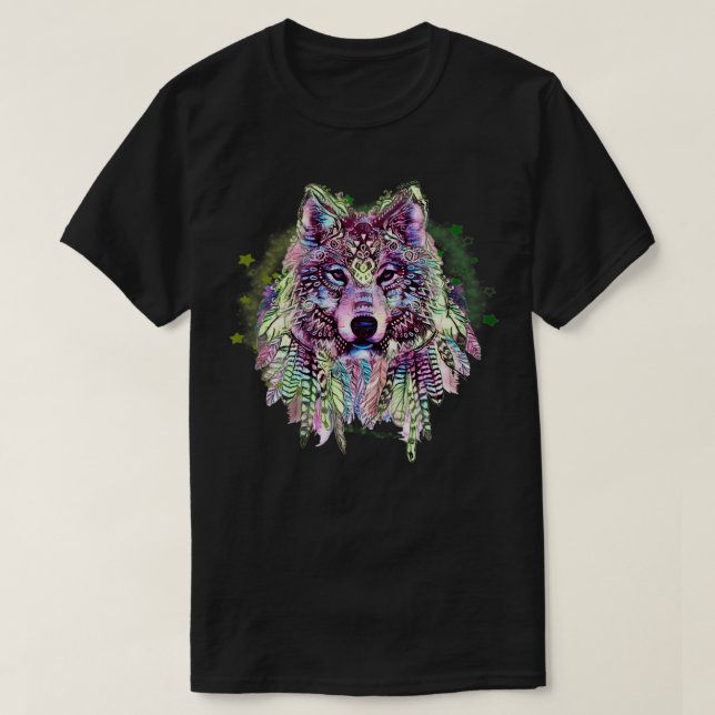 NATIVE AMERICAN WOLF WITH FEATHERS TATTOO CUTE PRE T-Shirt (Design Front)