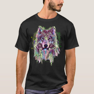 NATIVE AMERICAN WOLF WITH FEATHERS TATTOO CUTE PRE T-Shirt