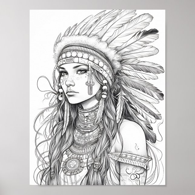 Native American Woman Adult Colouring Poster (Front)
