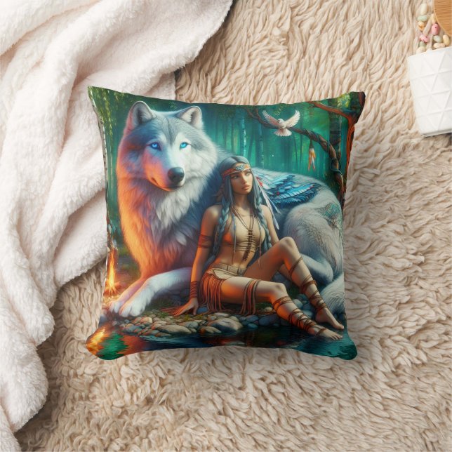 Native American Woman and Wolf by Tranquil Water Throw Pillow (Blanket)