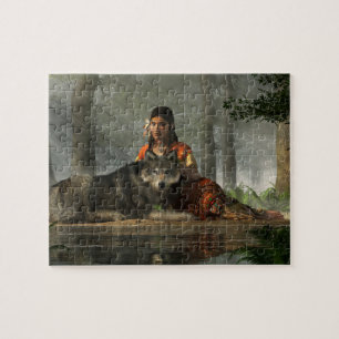 Native American Woman and Wolf  Jigsaw Puzzle
