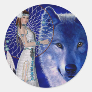 Native American Woman & Blue Wolf Design Classic Round Sticker