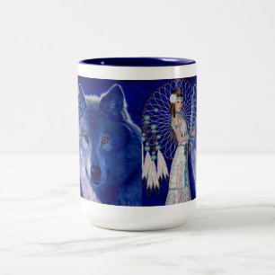 Native American Woman & Blue Wolf Design Two-Tone Coffee Mug