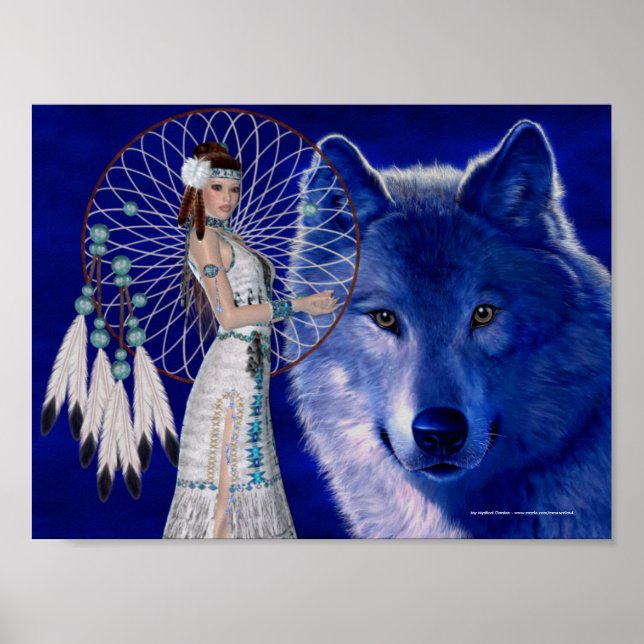 Native American Woman & Blue Wolf Poster Print (Front)