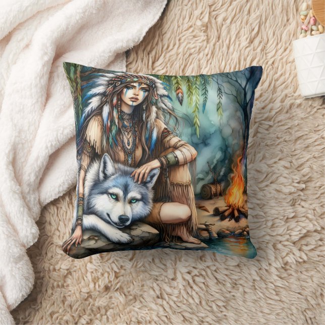 Native American Woman by Campfire With Wolf Throw Pillow (Blanket)