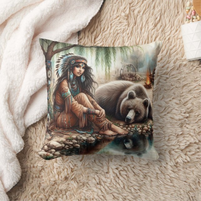 Native American Woman by River With Bear Throw Pillow (Blanket)