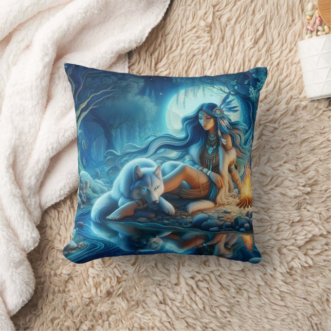 Native American Woman by River With Wolf Throw Pillow (Blanket)