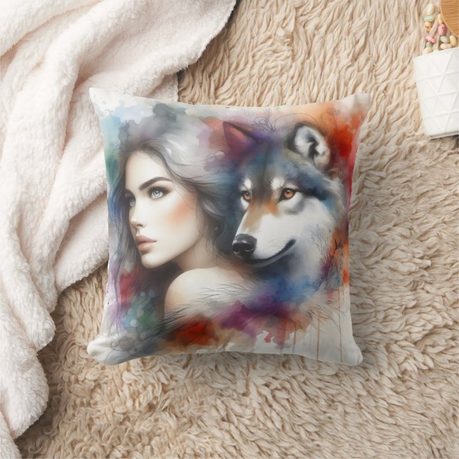 Native American Woman Captivated By A Wolf Spirit Throw Pillow (Blanket)