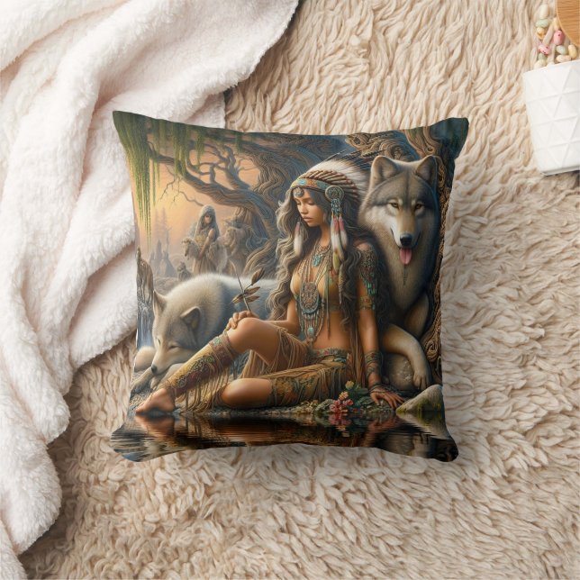 Native American Woman Cares for Wolf by Waterfall Throw Pillow (Blanket)
