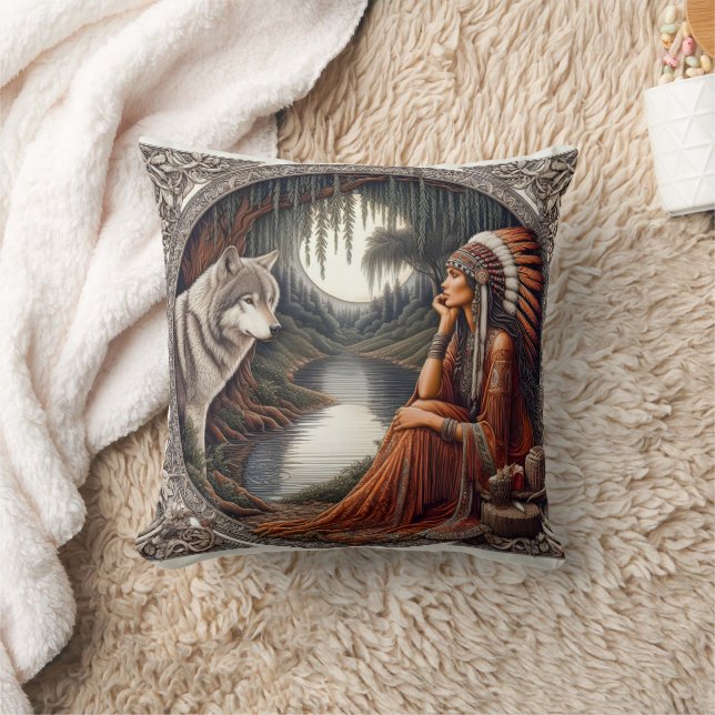 Native American Woman Contemplating With Wolf Throw Pillow (Blanket)