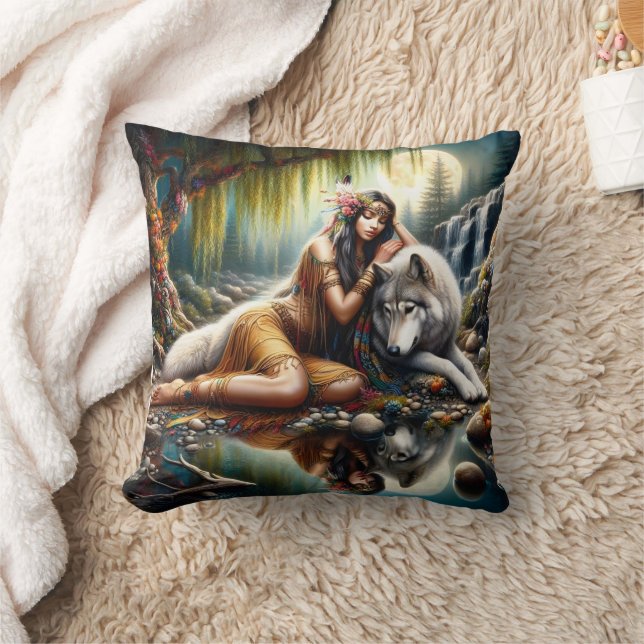 Native American Woman Embracing Wolf by Waterfall Throw Pillow (Blanket)