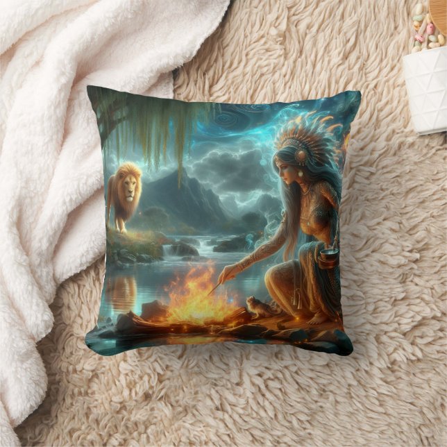 Native American Woman Engages With a Wolf Throw Pillow (Blanket)