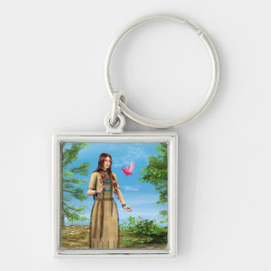 Native American Woman Forest Bird Art Keychain