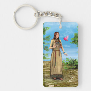 Native American Woman Forest Bird Art Keychain
