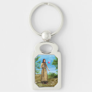 Native American Woman Forest Bird Art Keychain