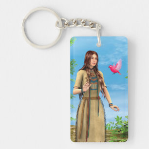 Native American Woman Forest Bird Art Keychain