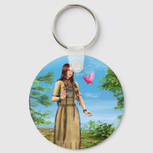 Native American Woman Forest Bird Art Keychain